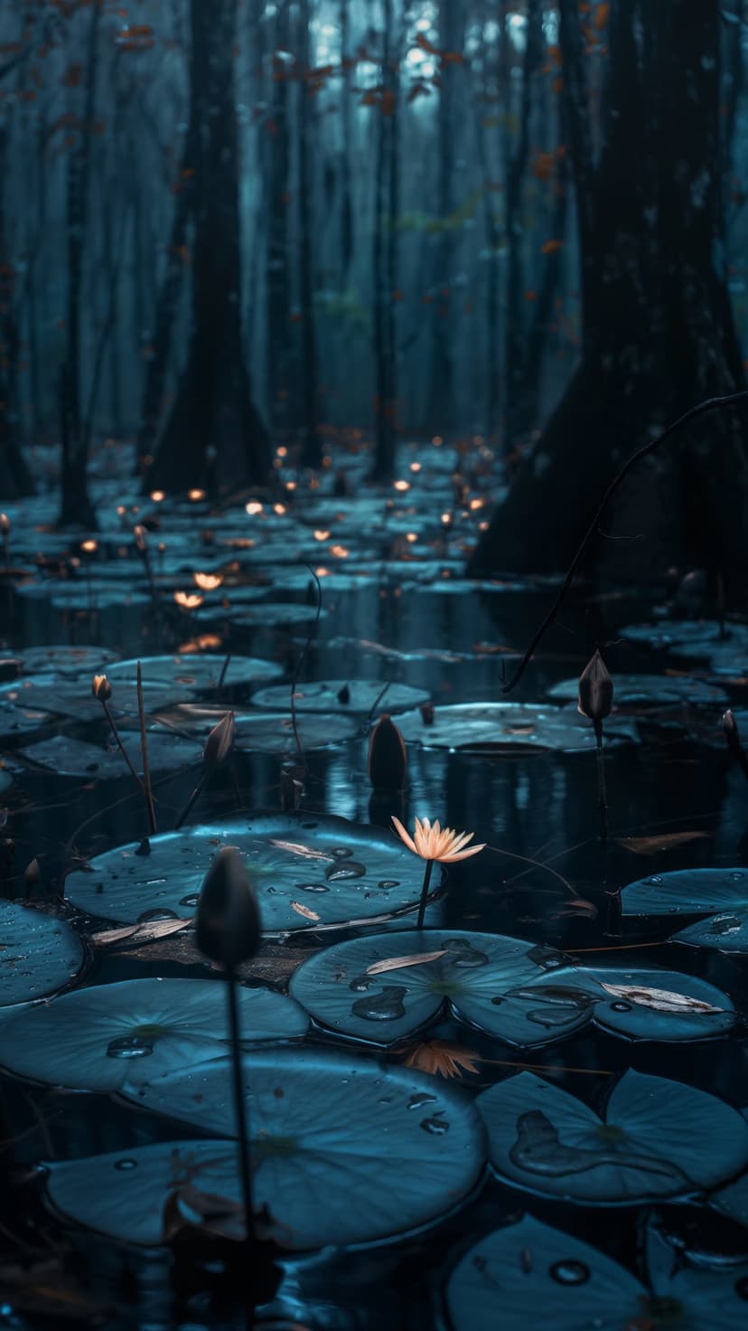 Pale yellow water lily and emerald lily pads float on still swamp water reflecting small glowing orbs at twilight.