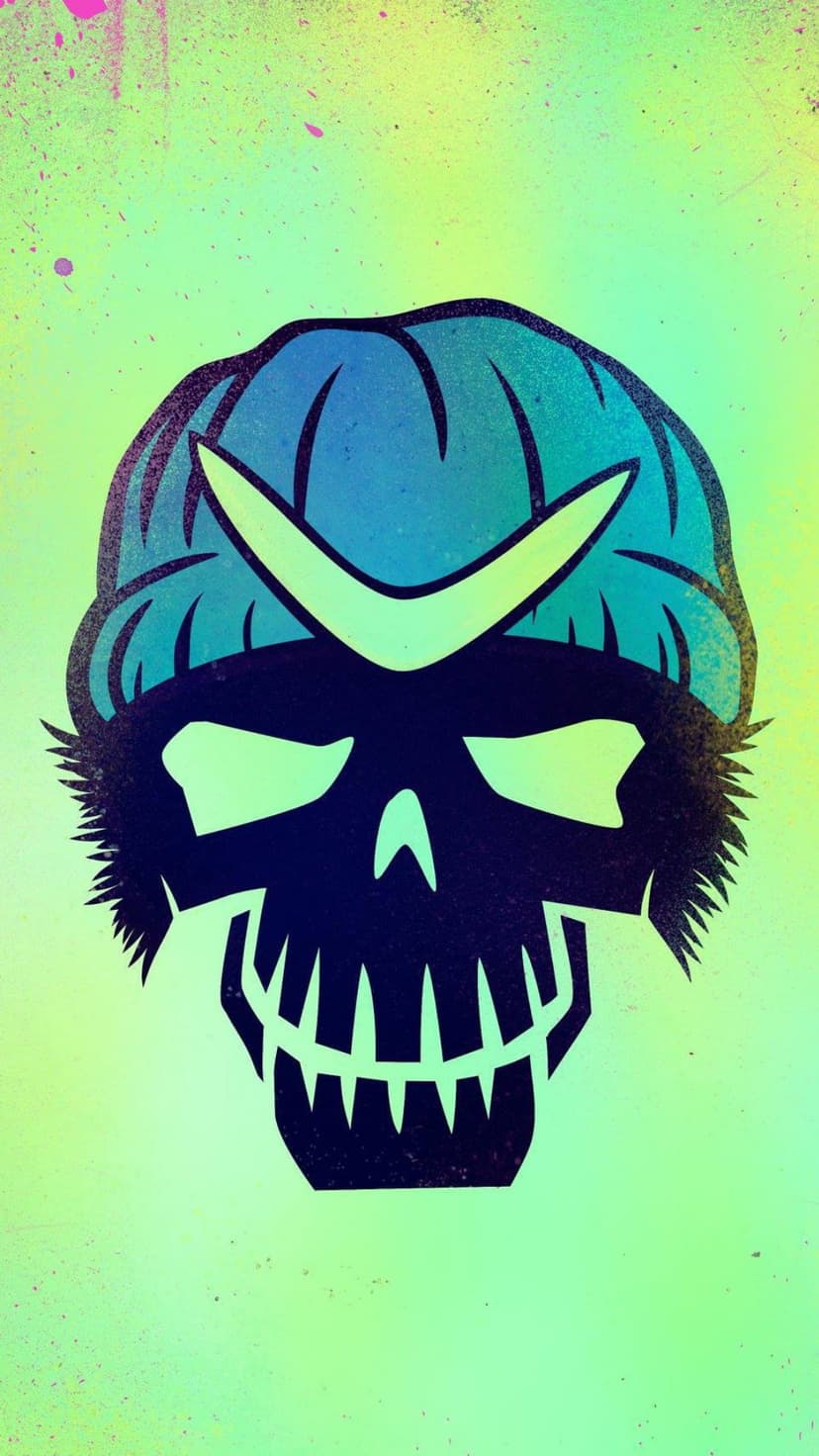 Black skull wearing a blue and green beanie with pink spray paint splatters on a bright neon green background.
