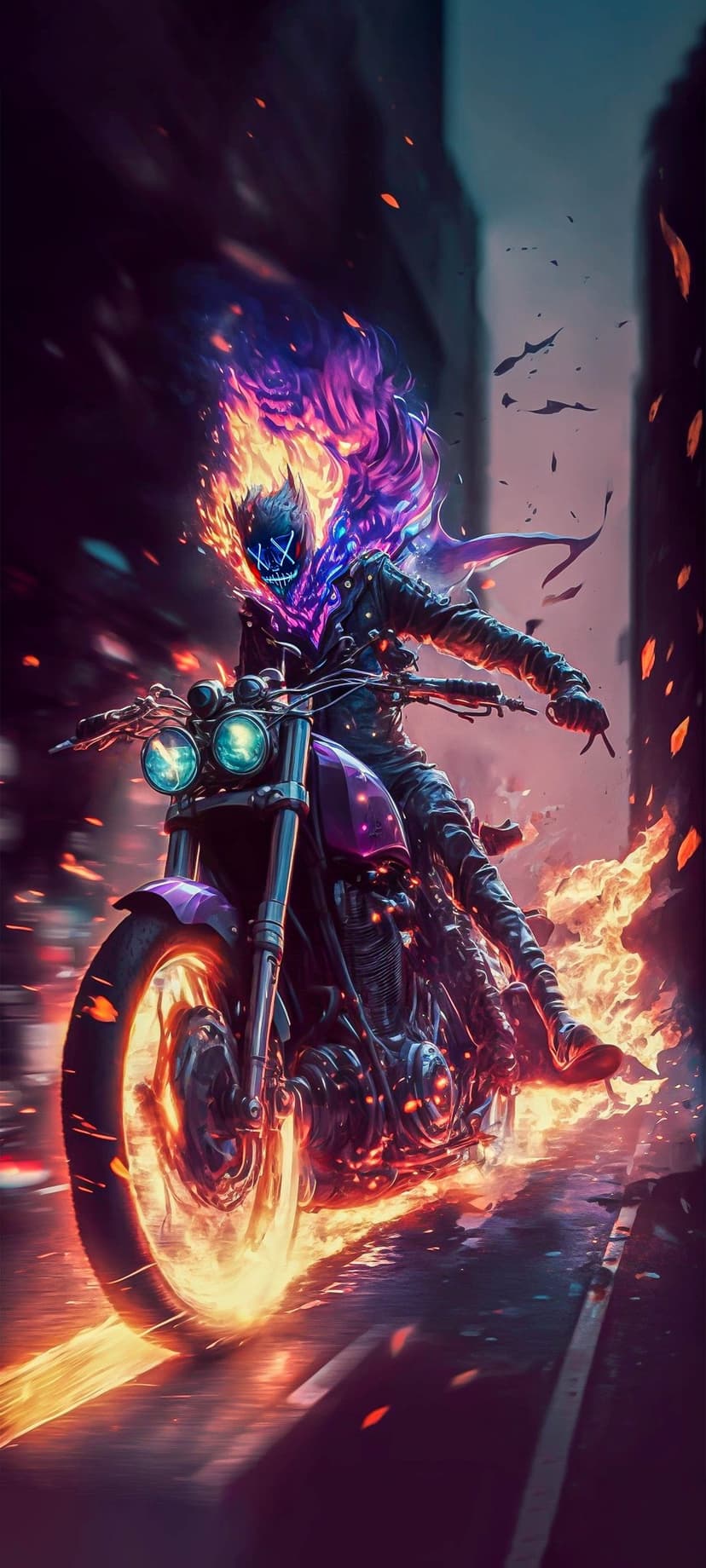 Ghost Rider with glowing X eyes rides a flaming chopper through a dark urban street with purple fire trails.