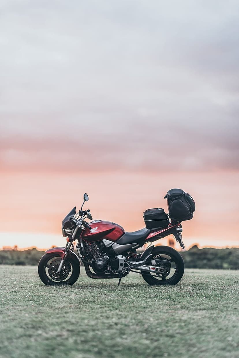Red motorcycle with luggage parked in a lush green meadow under a soft pink sunset sky during a rural road trip.