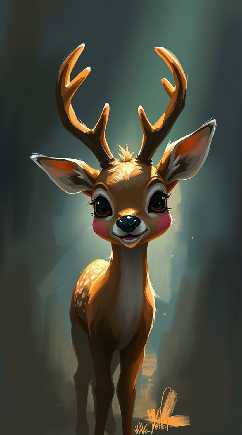 Small fawn with expressive eyes, tiny antlers, and a gentle smile centered on a warm, atmospheric backdrop.