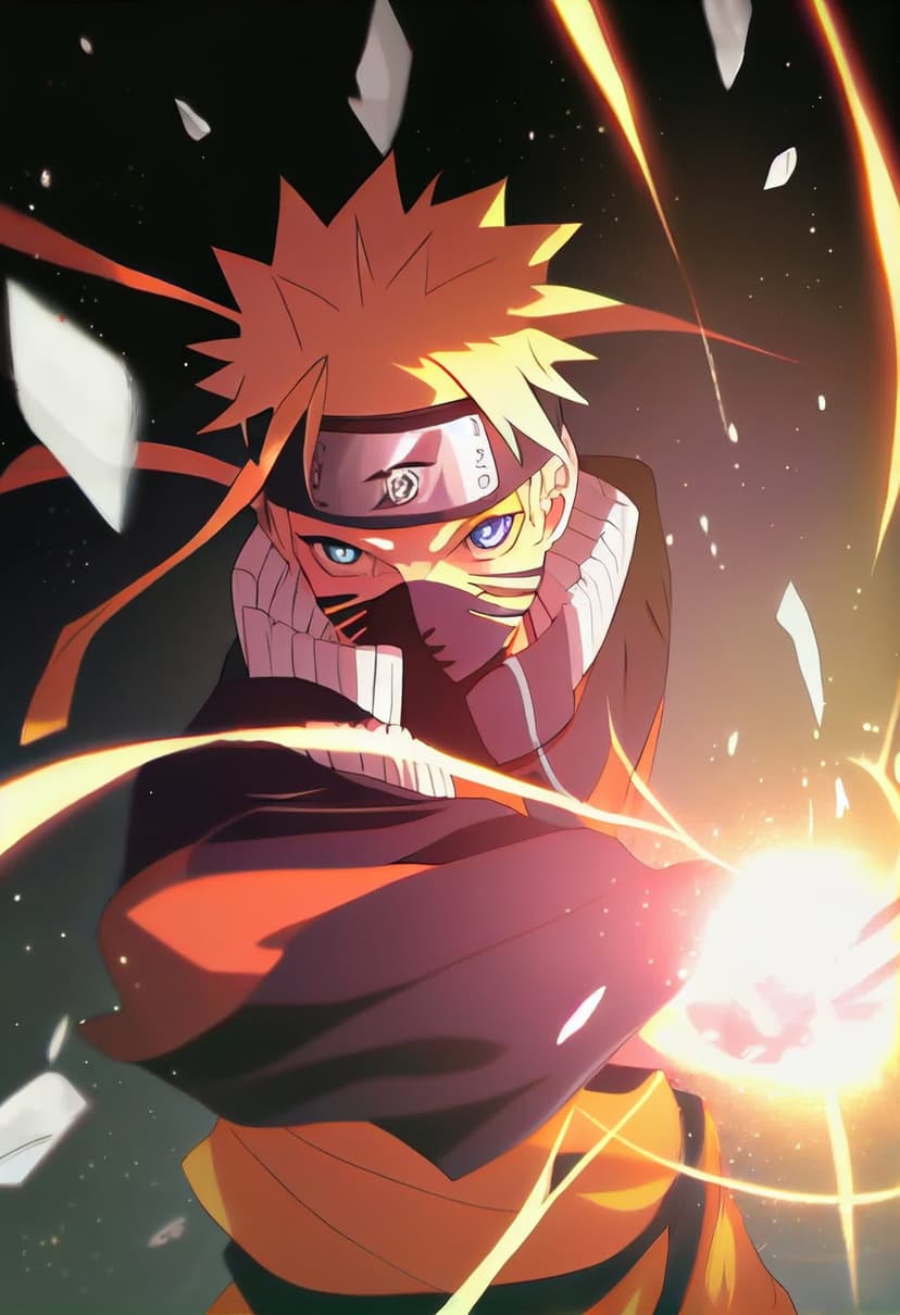 Naruto Uzumaki holds a glowing blue Rasengan energy sphere with swirling chakra on a vertical mobile background.