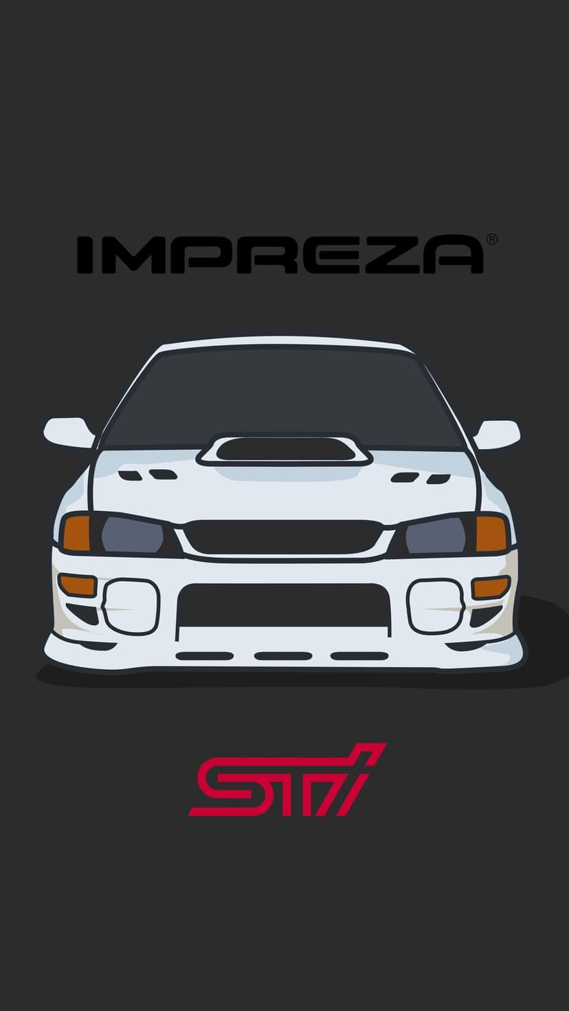 Front view of a white Subaru Impreza WRX STI illustration on dark gray background with red STi logo below.