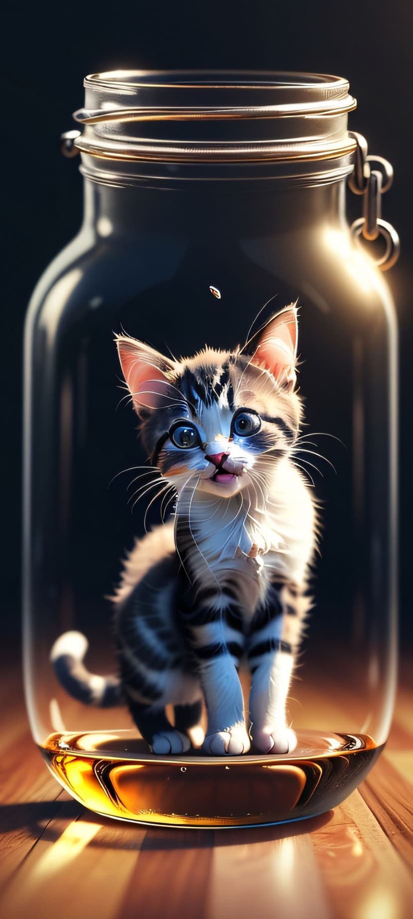 Tabby kitten with blue eyes sits inside a glass jar of golden honey as a small fly circles overhead.