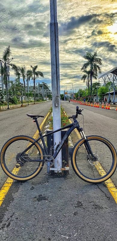 Mountain bike parked by a pole on a cloudy day