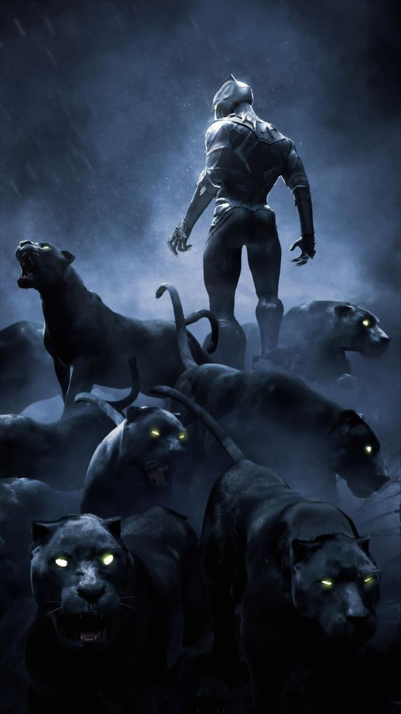 Black Panther stands with several panthers in a dark, misty forest as rain falls around their glowing eyes.