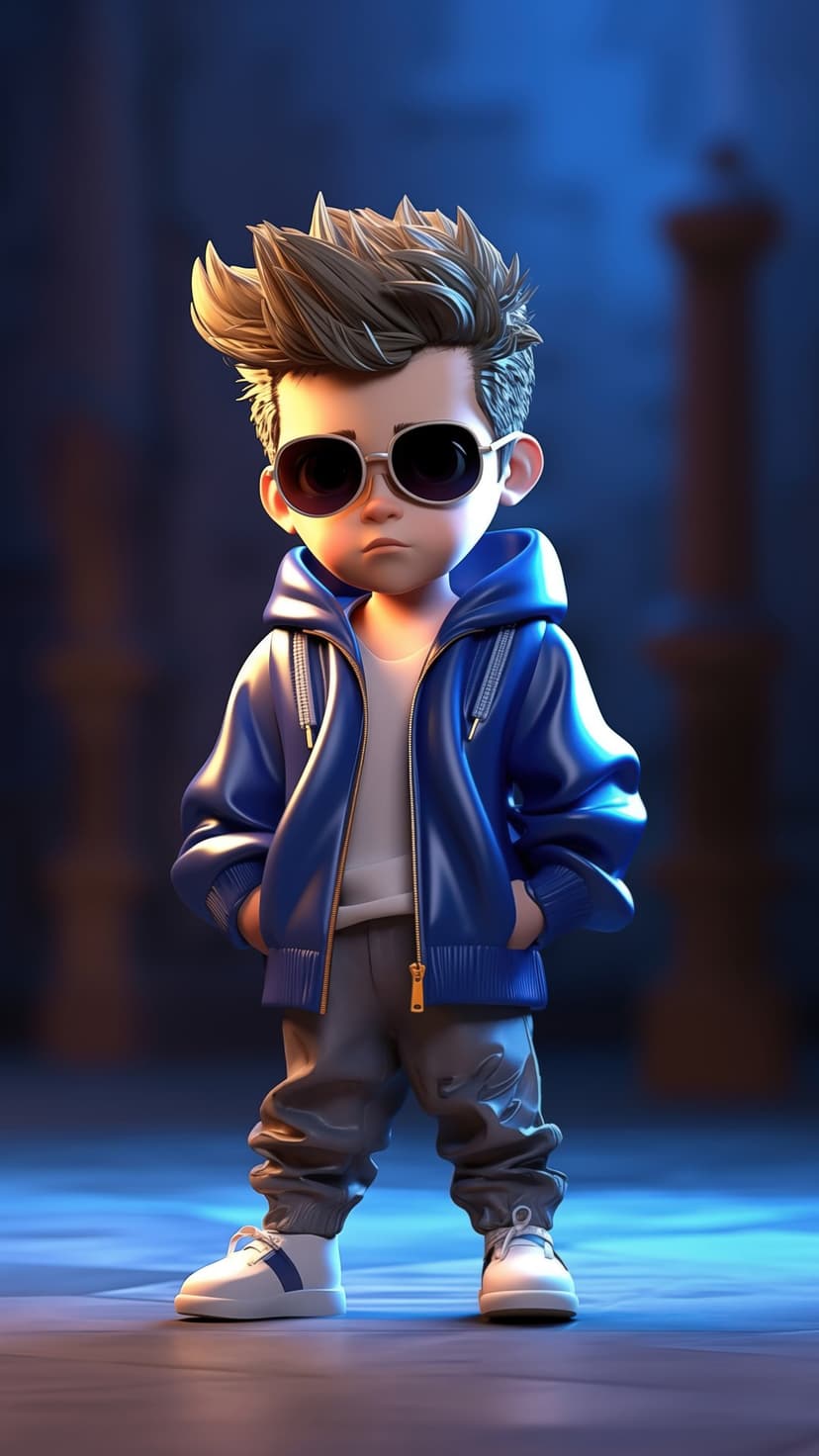 Animated boy in a blue hooded jacket and sunglasses stands with hands in his pockets against a moody backdrop.