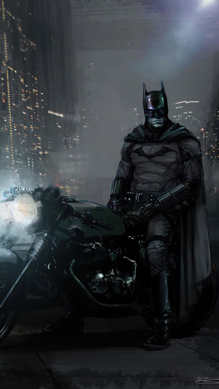 Batman sits on a motorcycle with a glowing headlight in front of a blurred Gotham City night skyline.