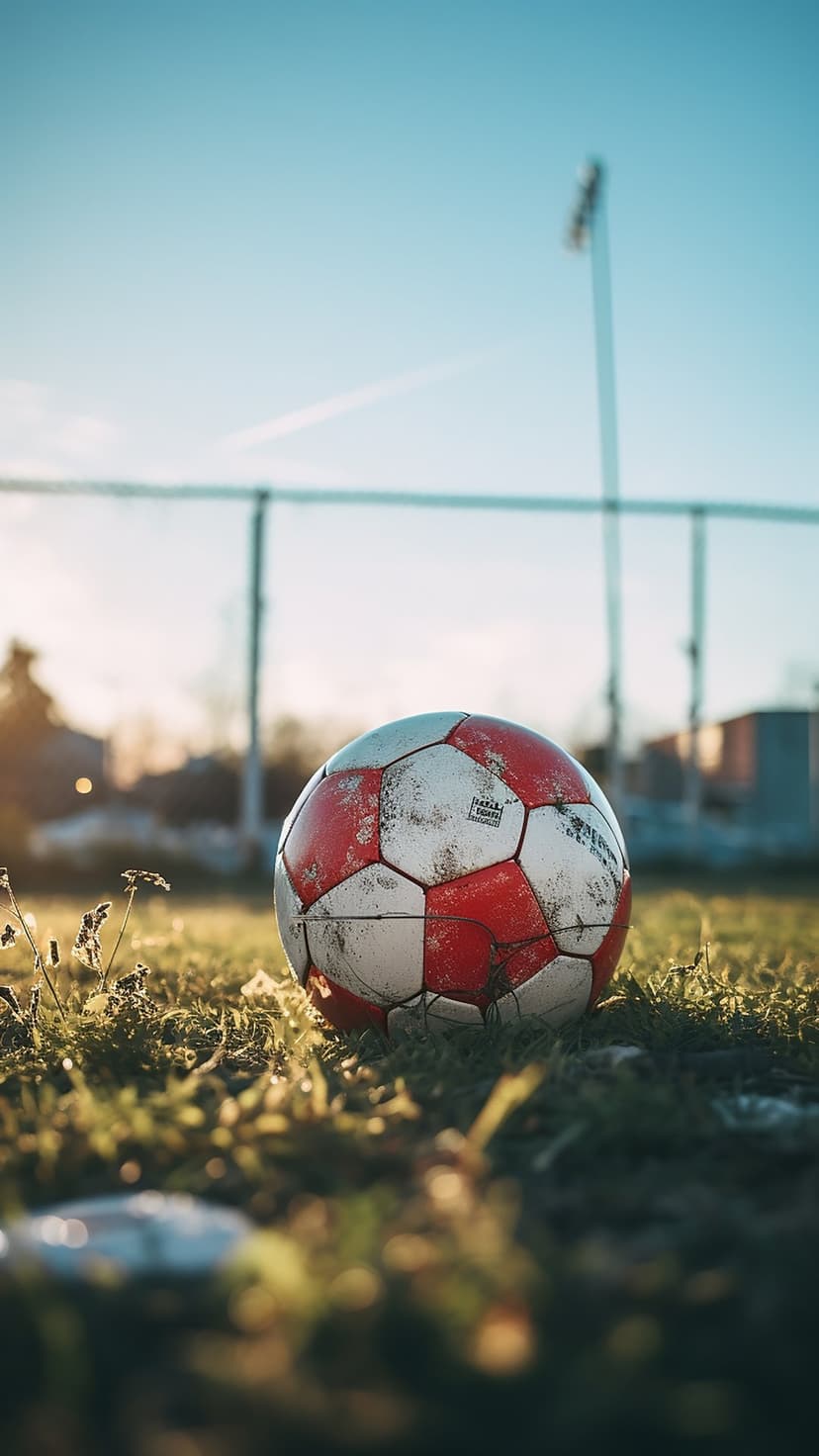 Red and white soccer ball on green grass with long shadows under a golden sunset near a stadium fence.