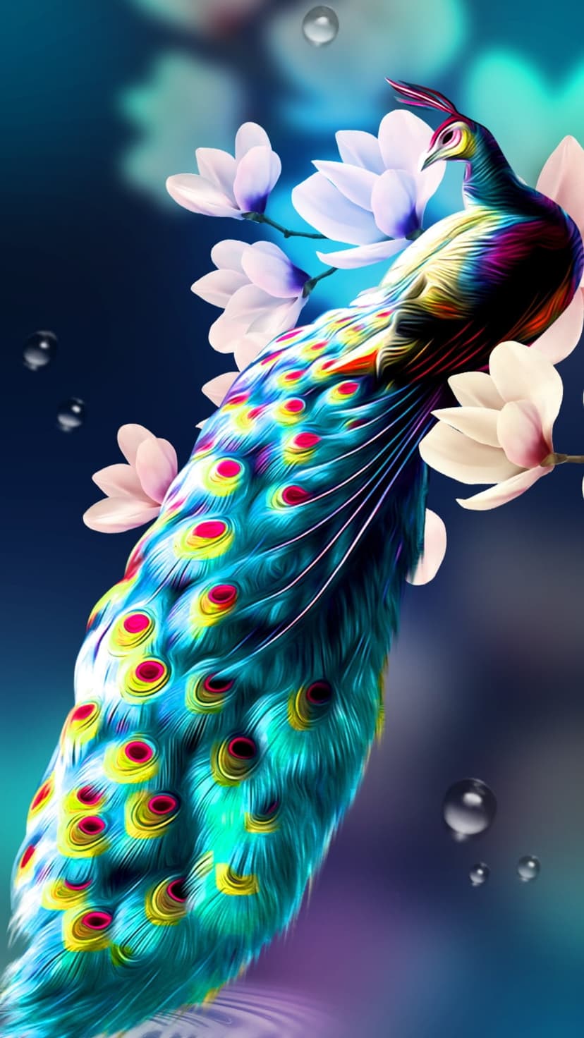 Peacock displaying iridescent tail feathers among white magnolias and floating water droplets on dark backdrop.