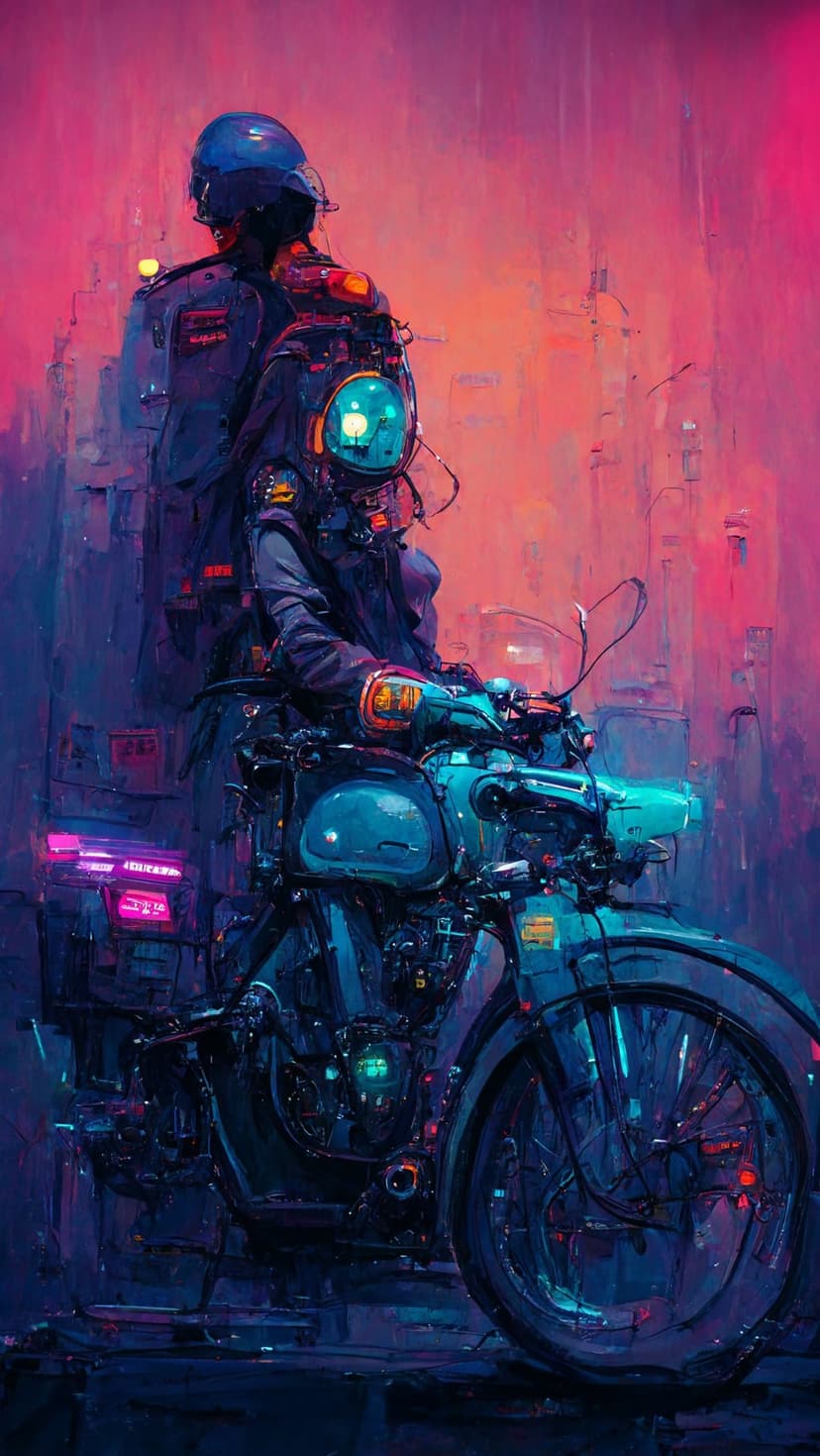 Armored motorcycle rider in a futuristic suit sits on a glowing bike against a pink and blue neon cityscape.