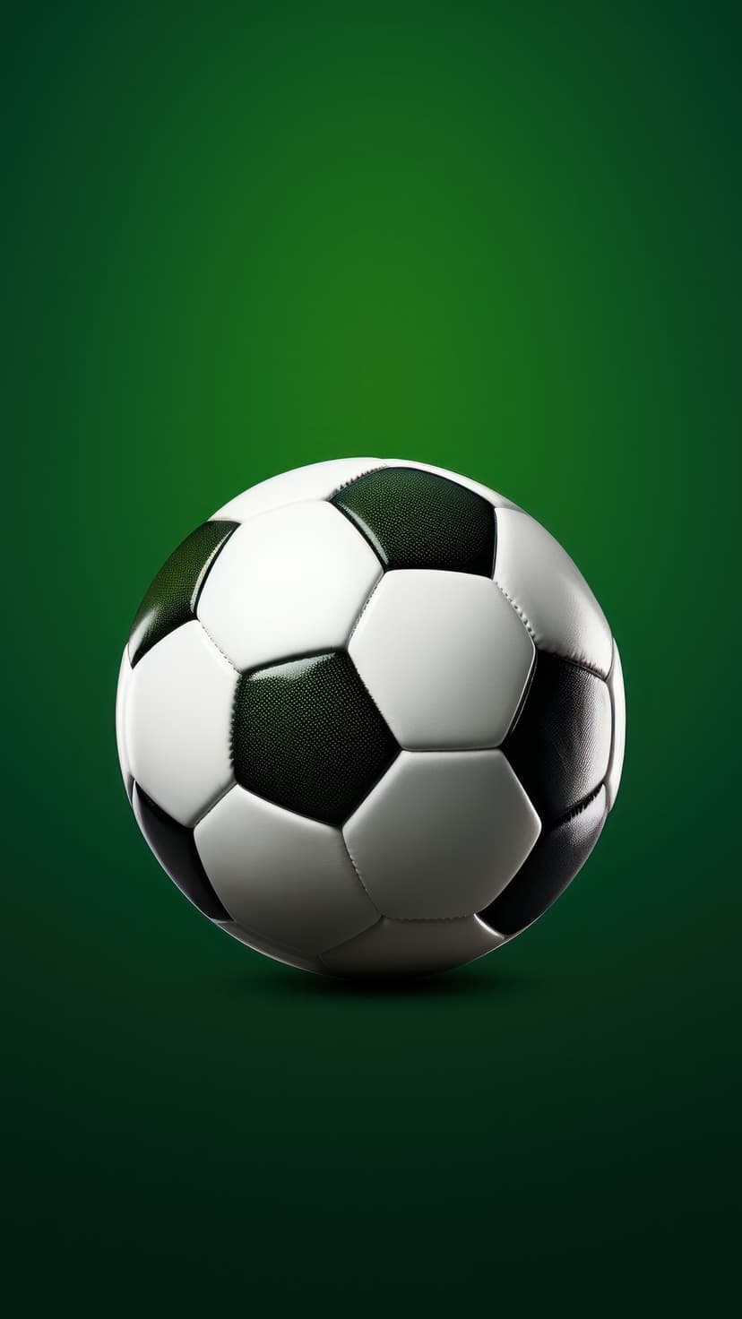 Soccer ball with hexagonal black and white panels centered on a vibrant gradient green background with shadows.