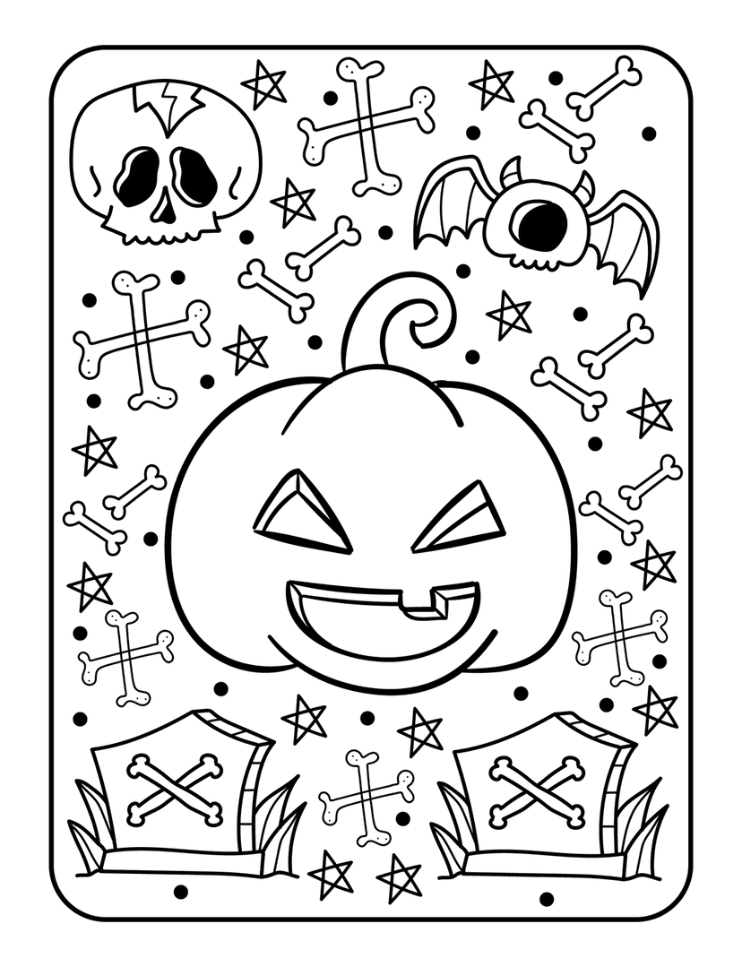 Halloween coloring page featuring a jack-o-lantern, skull, bat, and tombstones in black and white line art.
