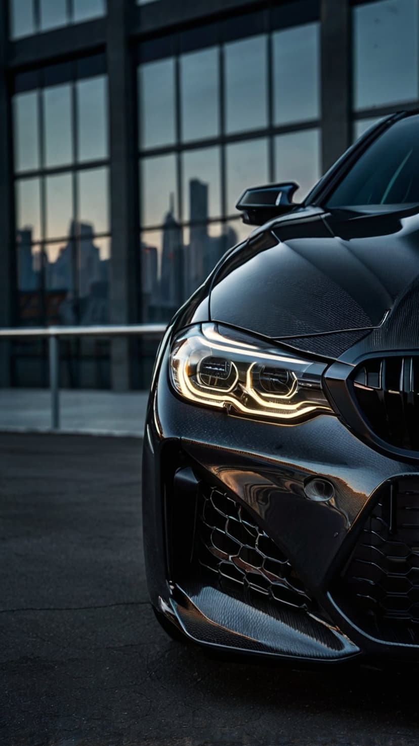 BMW M3 front headlight and grille detail with illuminated LED lights and carbon fiber on a dark urban street.