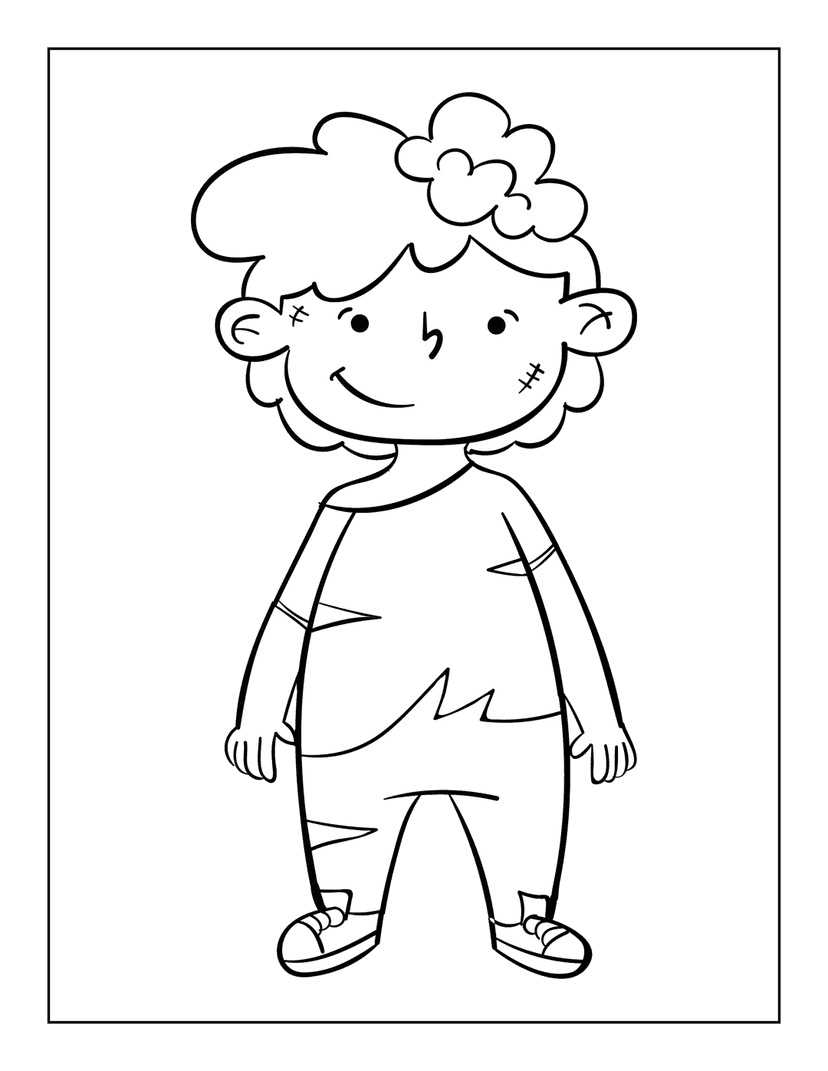 Child character line art featuring curly hair and a floral accent in a front-facing black and white pose.
