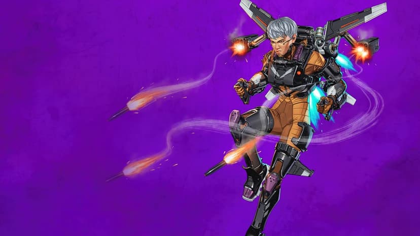 Valkyrie from Apex Legends firing missiles from a jetpack against a textured purple background.
