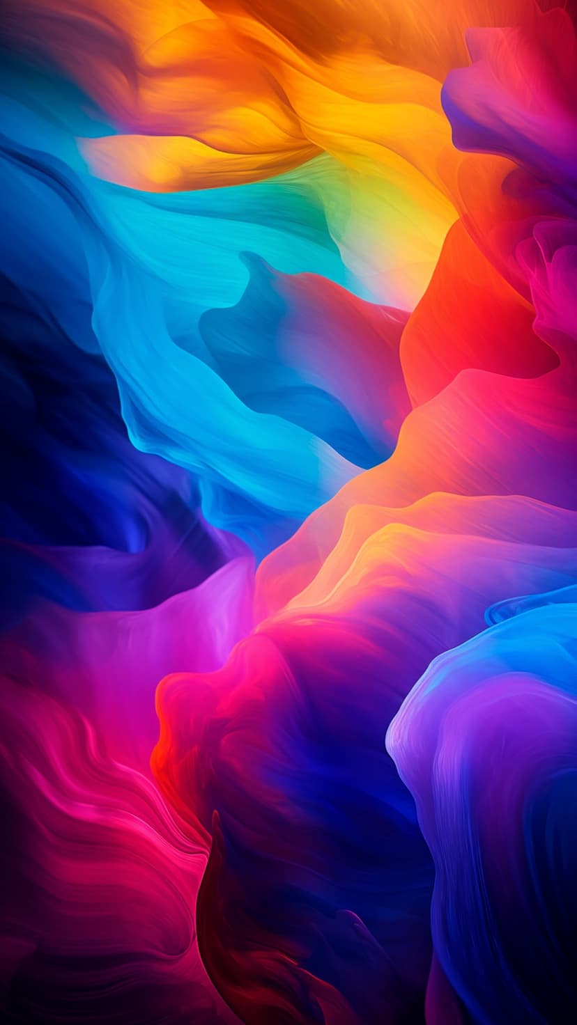 Interlocking neon blue, violet, and amber fluid spirals create a deep, multilayered sense of motion and energy.
