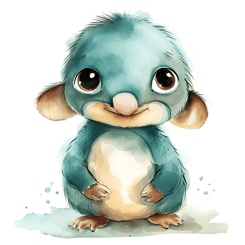 Blue fluffy watercolor creature with large brown eyes and a soft smile sitting amidst blue paint splatters.