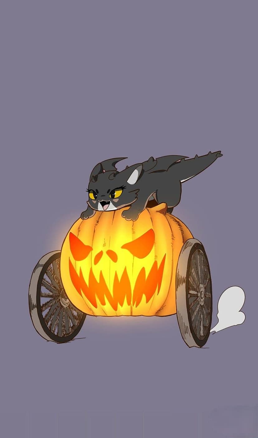 Black cat with dragon horns sits on a glowing jack-o'-lantern carriage with wooden wheels and smoke trails.