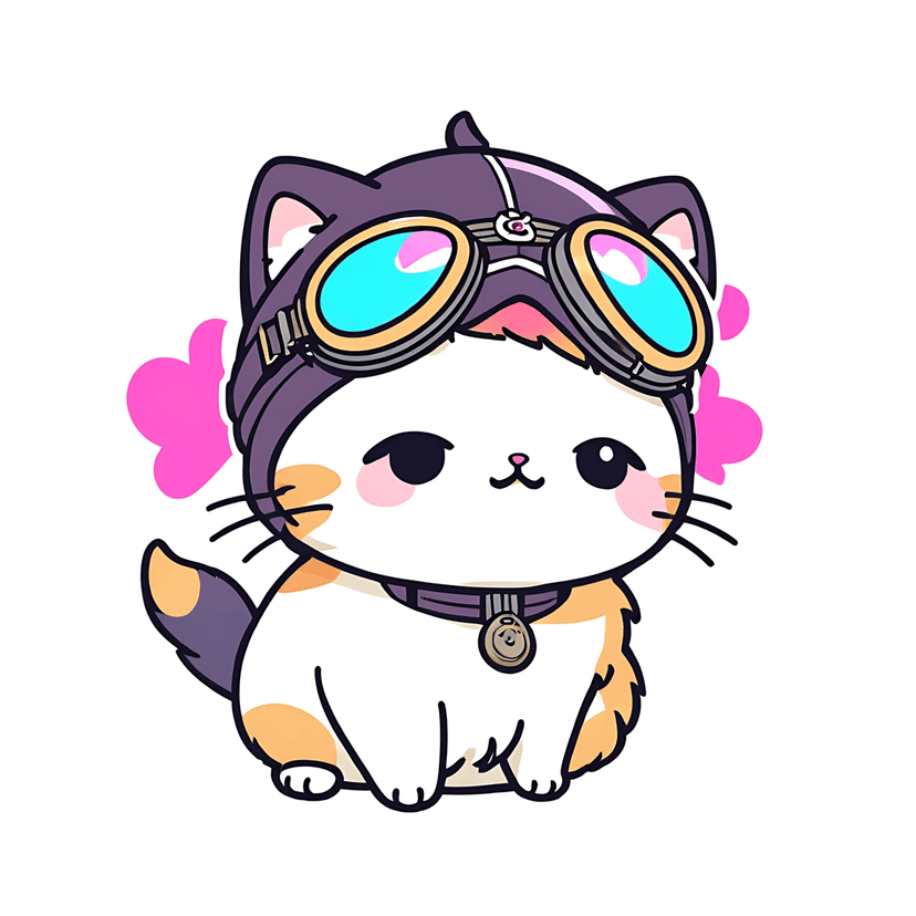 White orange kitten aviator sticker wearing a purple flight cap and blue goggles in front view cartoon style.