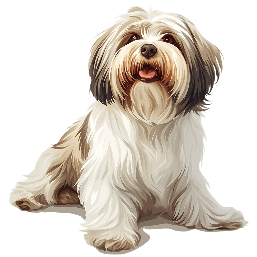 Lhasa Apso dog with white and brown fluffy fur sits in a portrait pose against a solid black background.