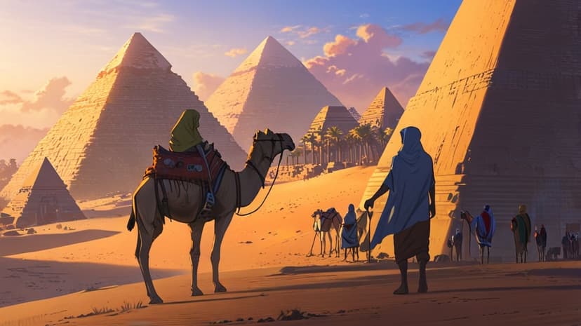 Pyramids of Giza tower over a silhouetted camel caravan traveling through sandy desert dunes at a golden sunset.