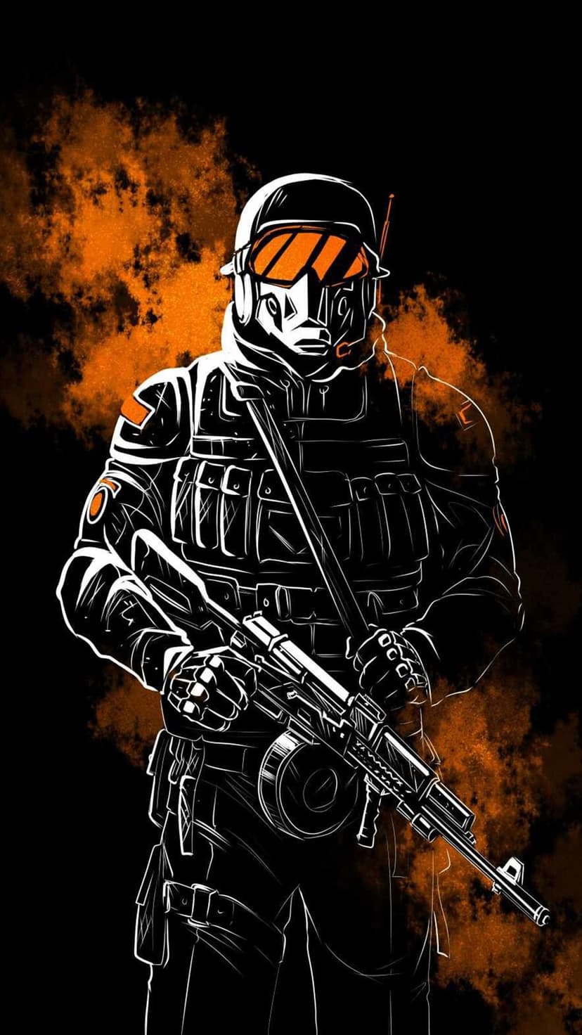 Tactical soldier in full combat gear with white outlines stands amid thick orange smoke on a black background.