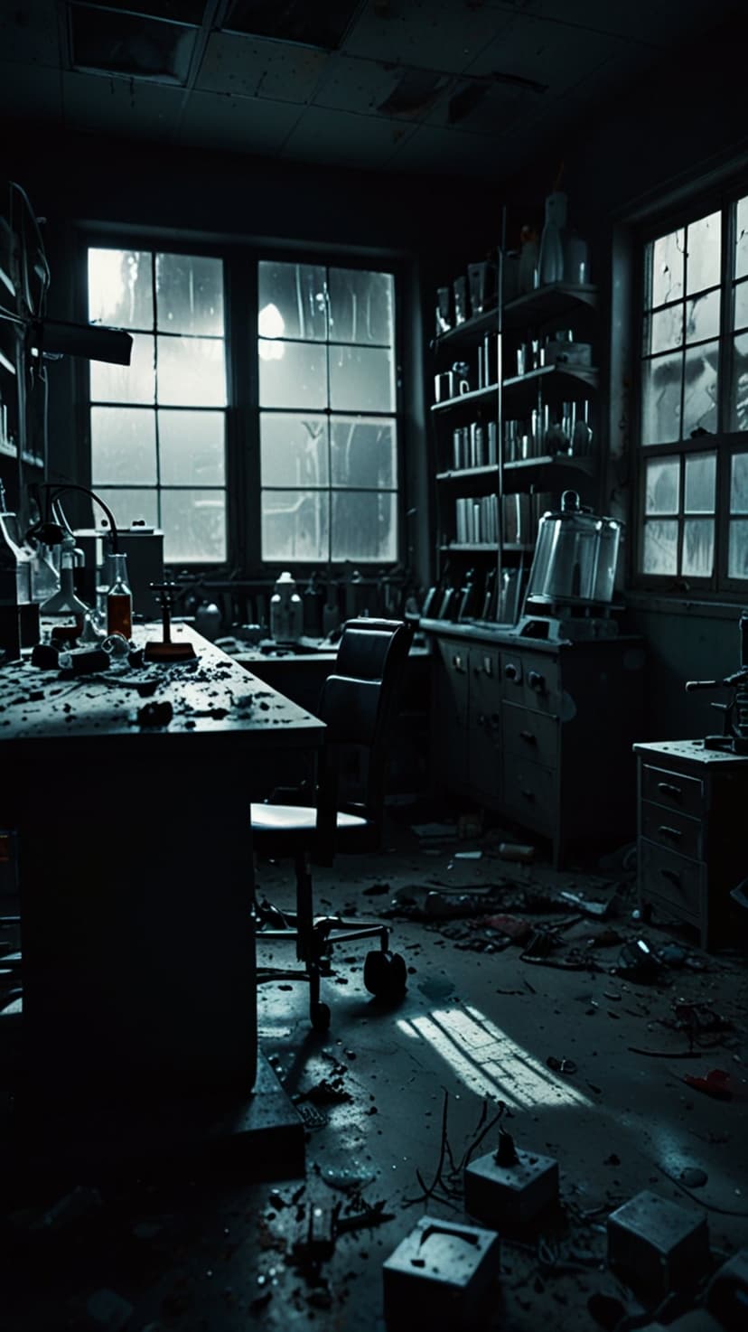 Overturned glass beakers and scattered papers litter the floor of a dark, abandoned laboratory with broken windows.