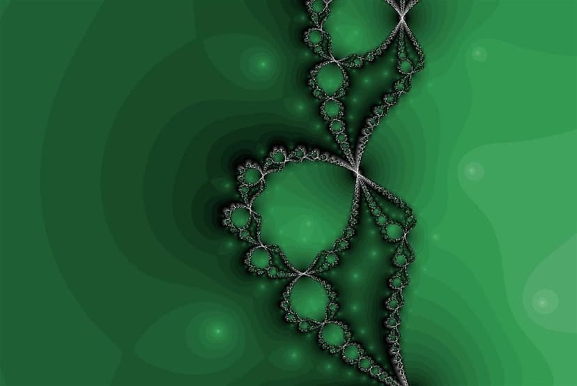 Swirling green fractal spirals and intricate geometric curves weave together in a dense, self-similar pattern.