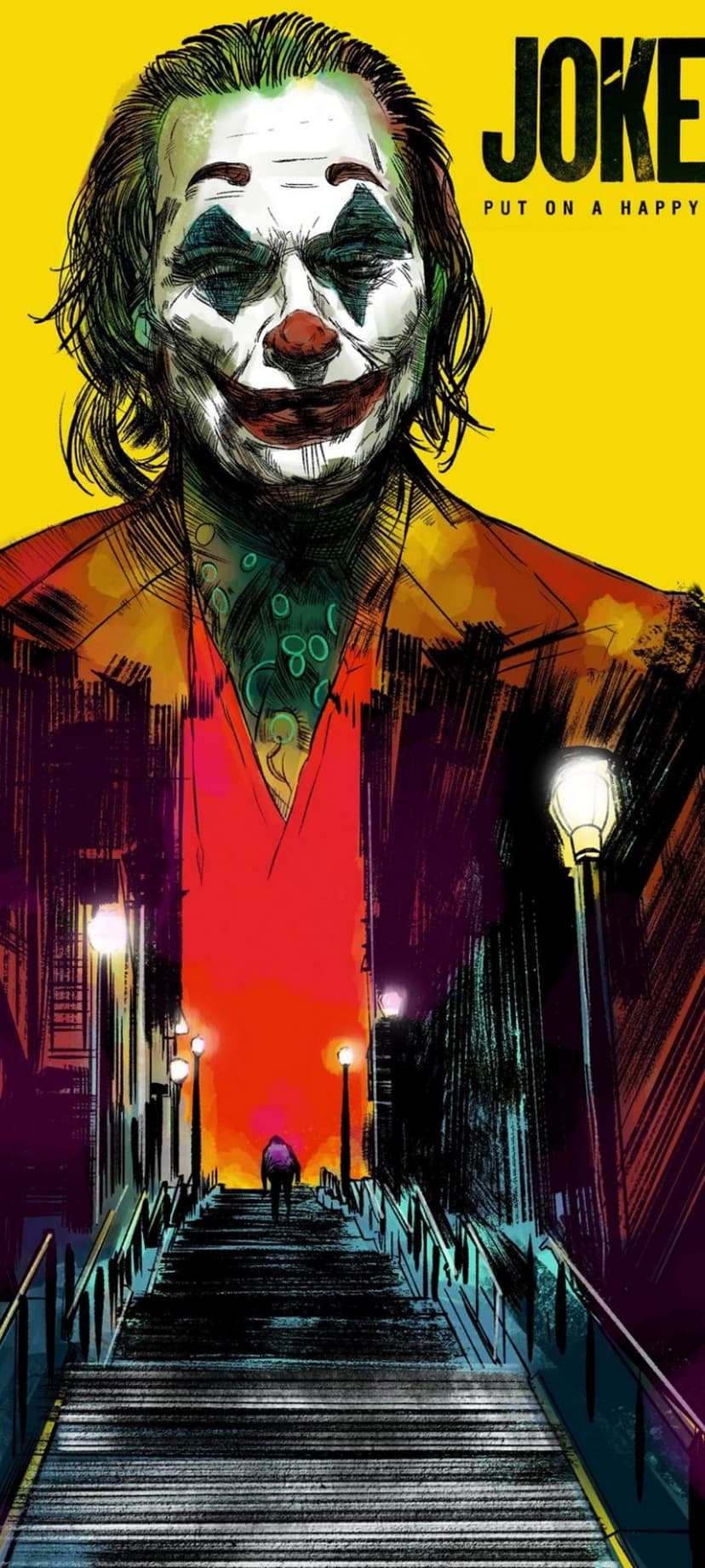 Arthur Fleck in white clown makeup appears above a dark city staircase illuminated by yellow streetlights.