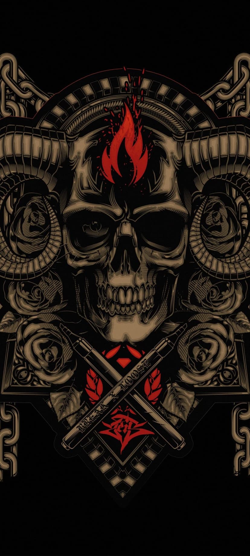 Weathered skull with ram horns, burning orange flames, red roses, and crossed swords on a dark background.