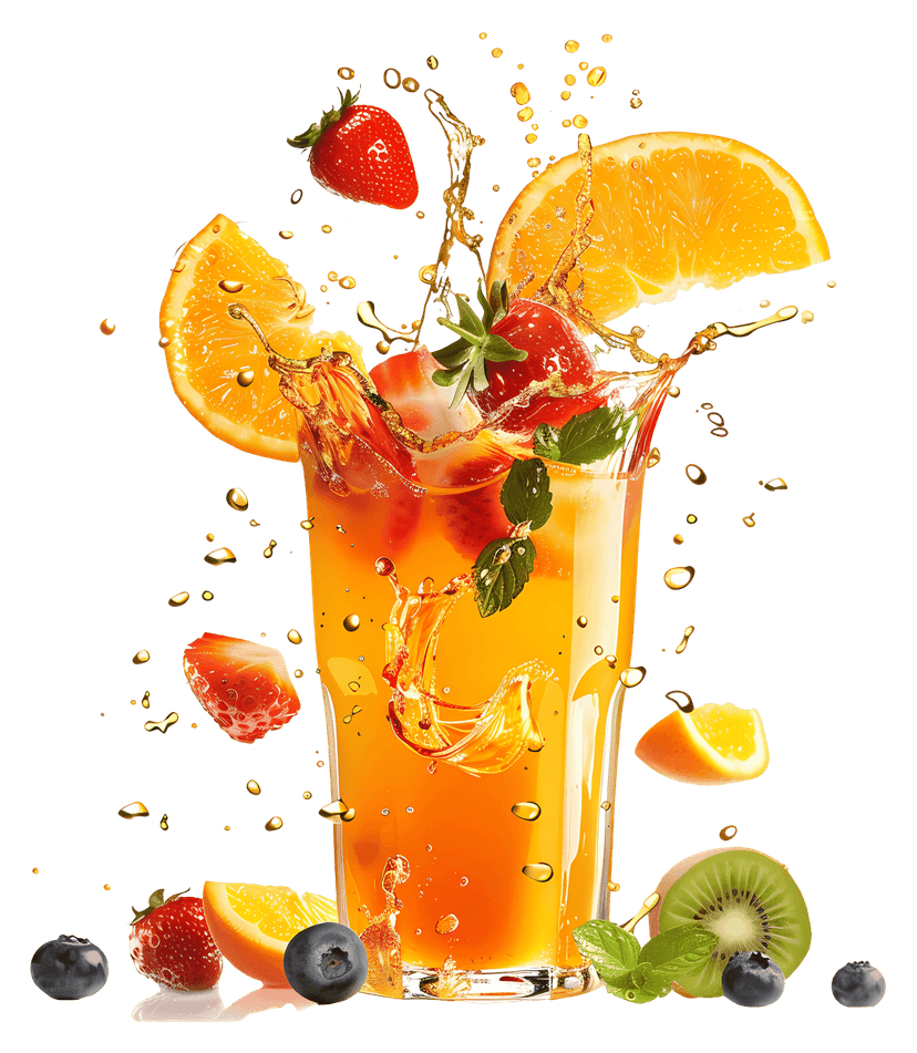 Fruit juice splash illustration with dynamic liquid waves and realistic floating fruit pieces on transparency.