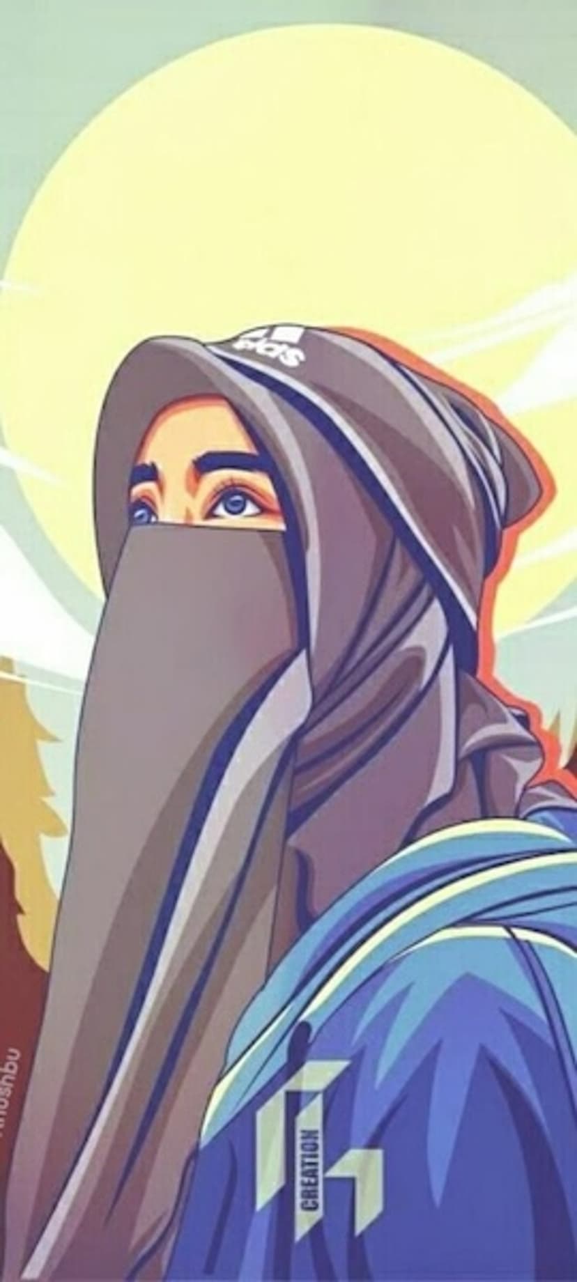 Woman in a grey niqab and blue hoodie looks up with blue eyes against a large yellow sun and abstract background.