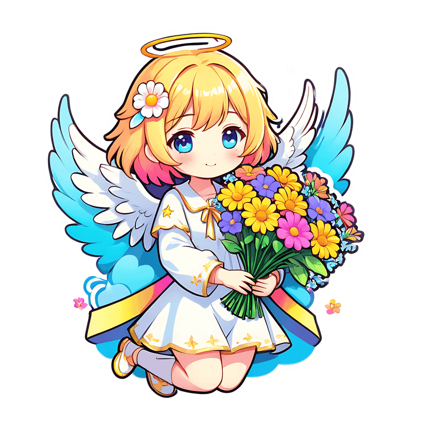 Chibi angel sticker with blonde hair, gold halo, and white star dress holding a colorful floral bouquet.