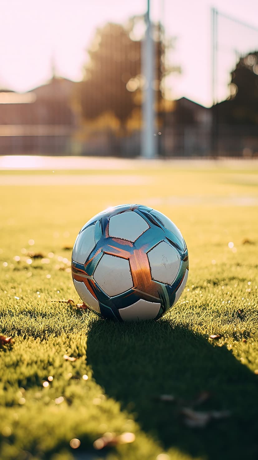 Soccer ball resting on green grass during a golden sunset with blurred trees and a light pole in the background.