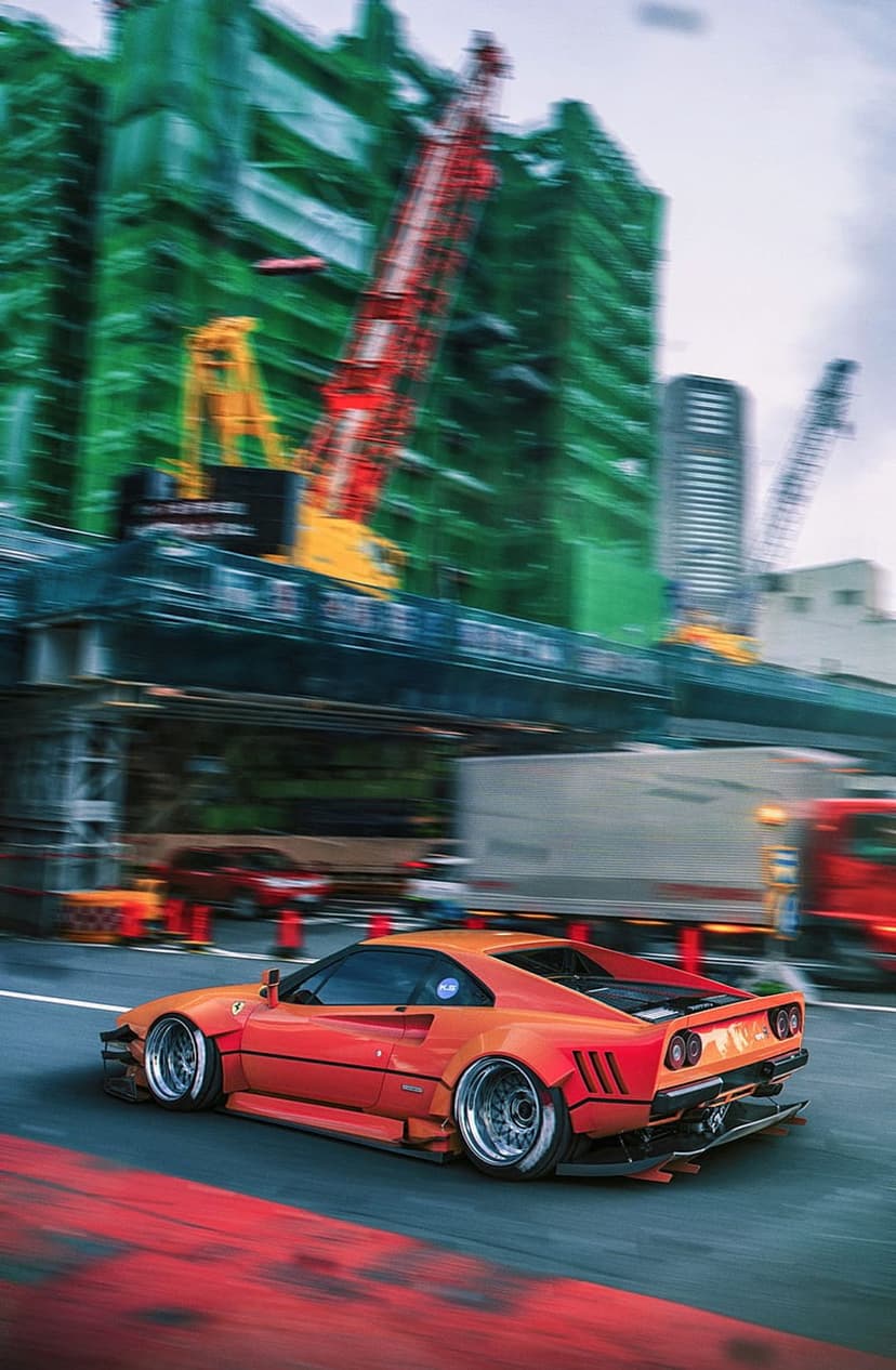 Orange sports car driving fast through a city construction site with blurred cranes and lights in the background.