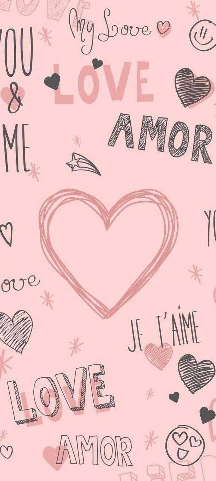 Hand-drawn pink hearts, stars, and romantic words like Love and Amor scattered across a soft pastel background.