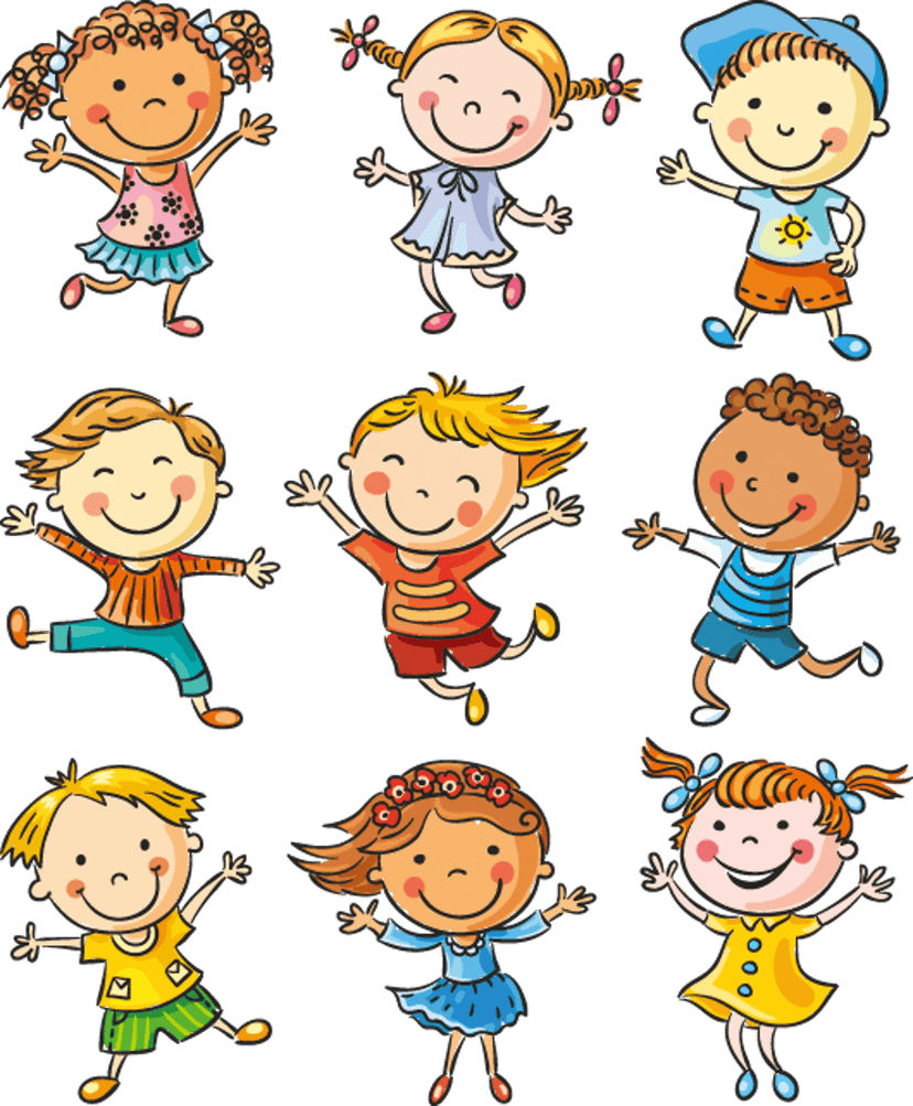 Child character cartoon faces showing diverse expressions and hairstyles arranged in a grid with stylized text.