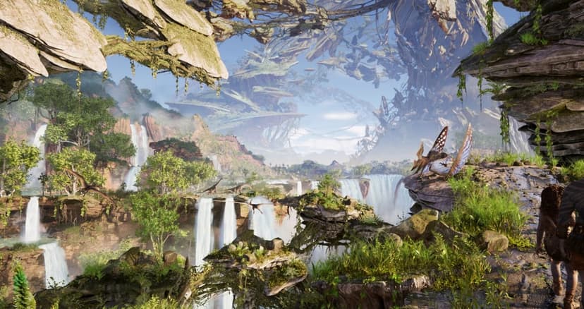 Lush alien jungle with cascading waterfalls, flying creatures, and floating islands under a bright sky.