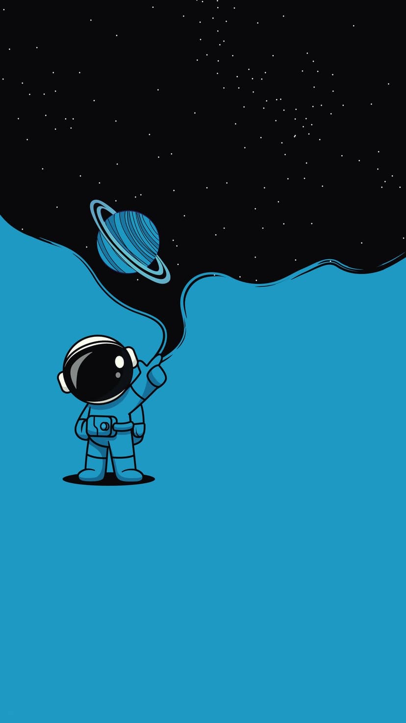 Astronaut in a blue suit points upward while painting a black galaxy and ringed planet on a bright blue backdrop.