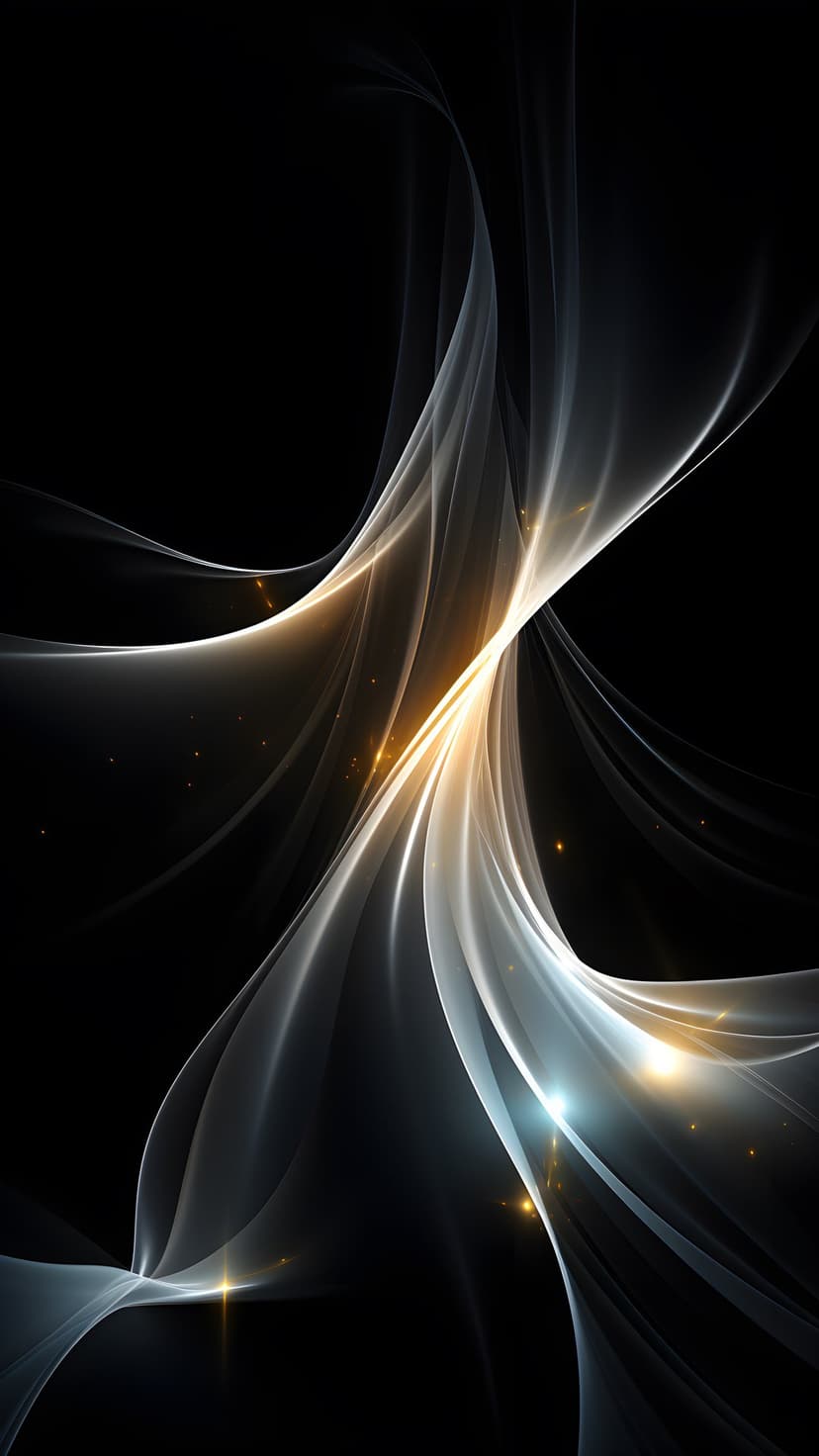 Swirling golden and white light waves with glowing particles floating on a solid black background.