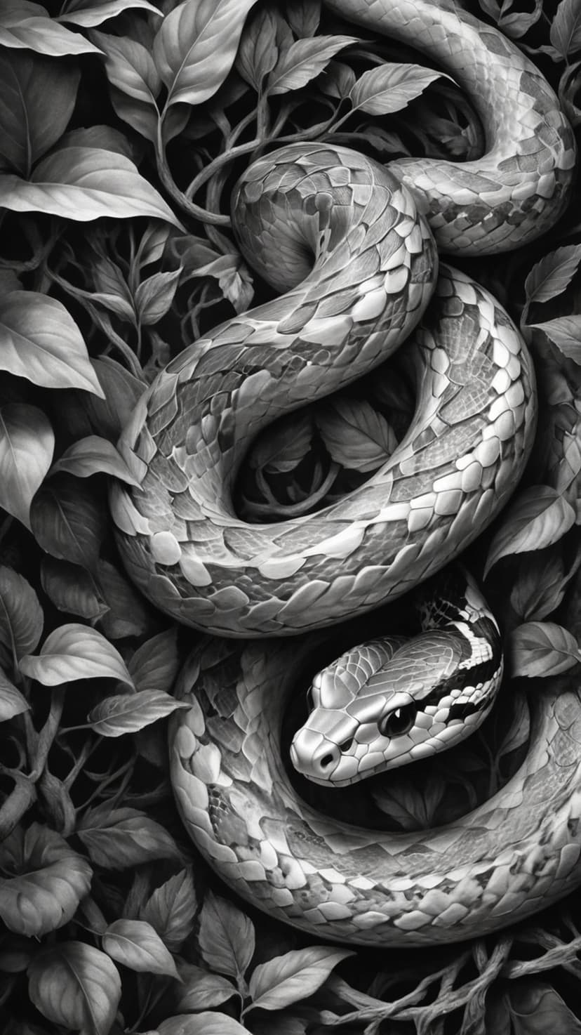 Coiled snake with textured scales resting among dark, pointed leaves in a high-contrast monochrome photograph.
