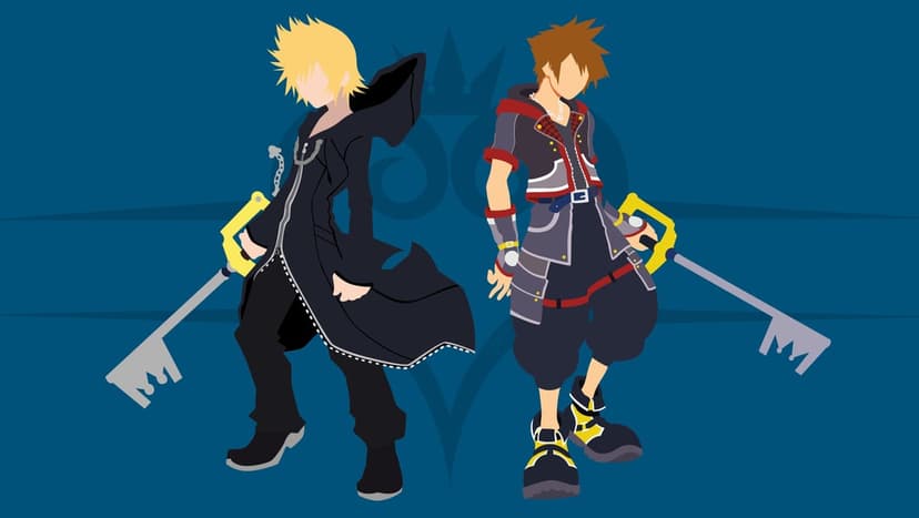 Roxas and Sora in minimalist vector art holding keyblades against a dark blue heart emblem background.
