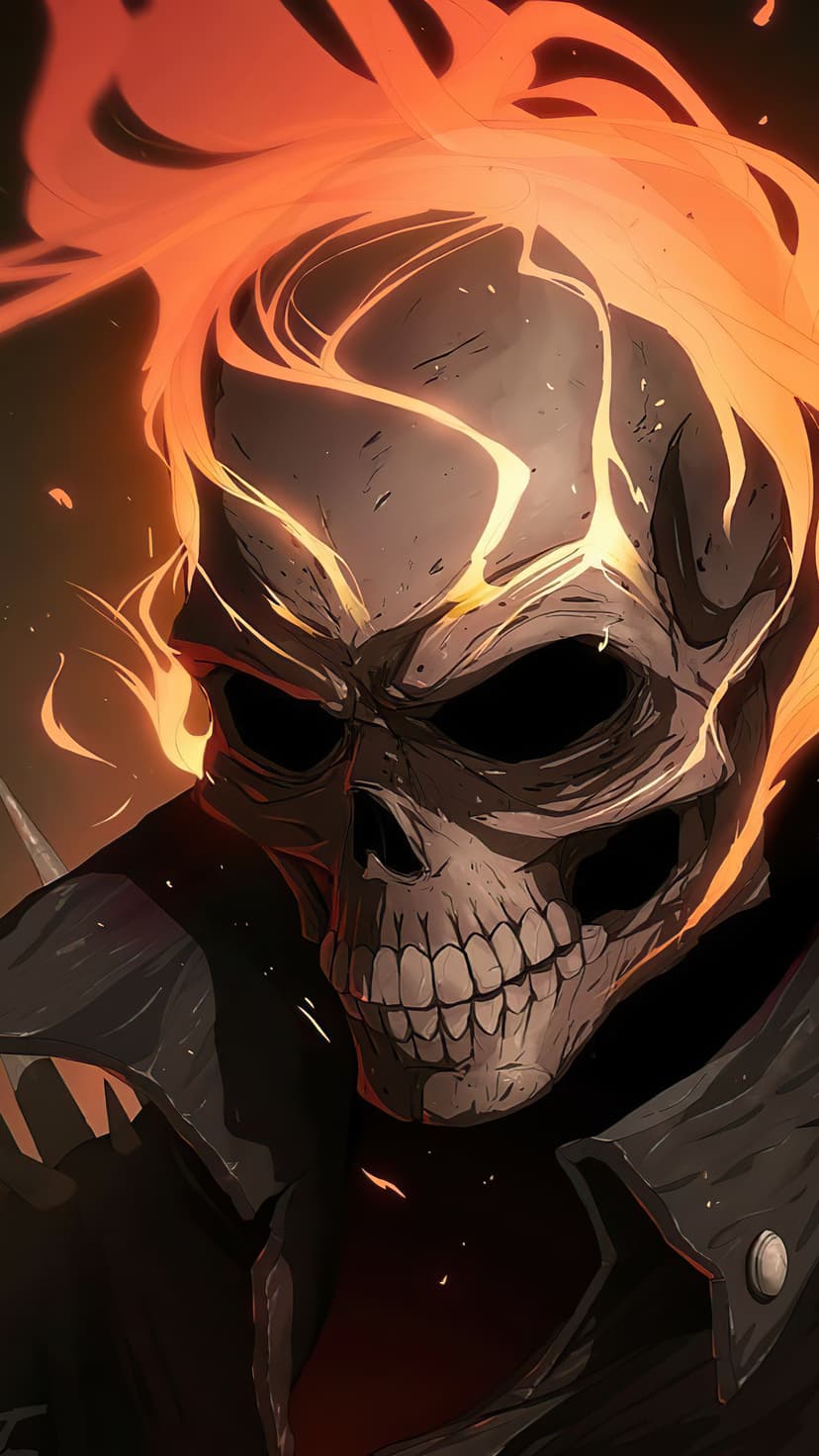 Ghost Rider skull with intense orange flames and detailed bone textures against a dark, shadowy background.