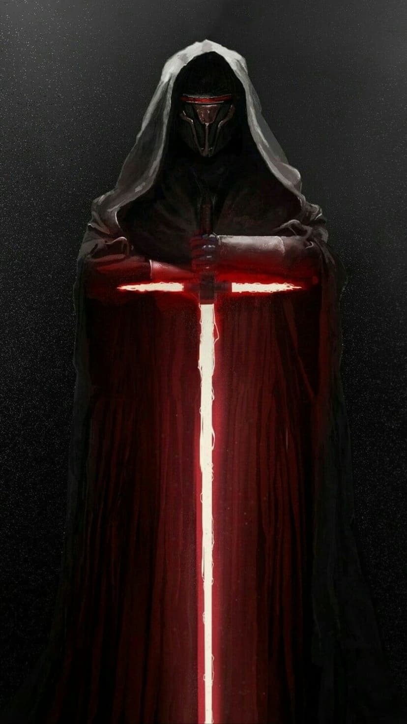 Hooded figure in a mask holding a glowing red crossguard lightsaber against a dark, speckled background.