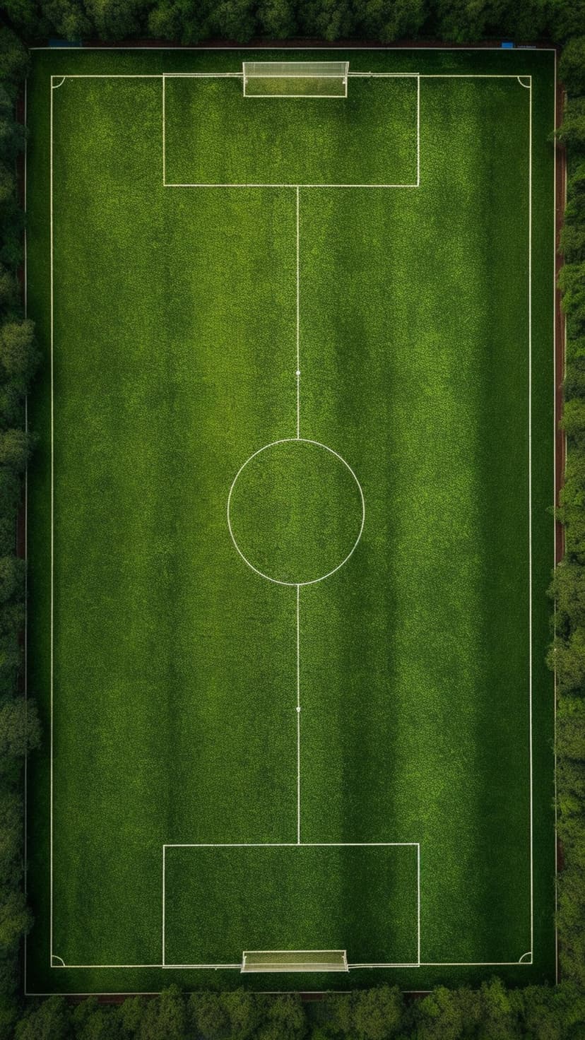 Green soccer field with white lines surrounded by a dense border of leafy trees from a top-down aerial view.