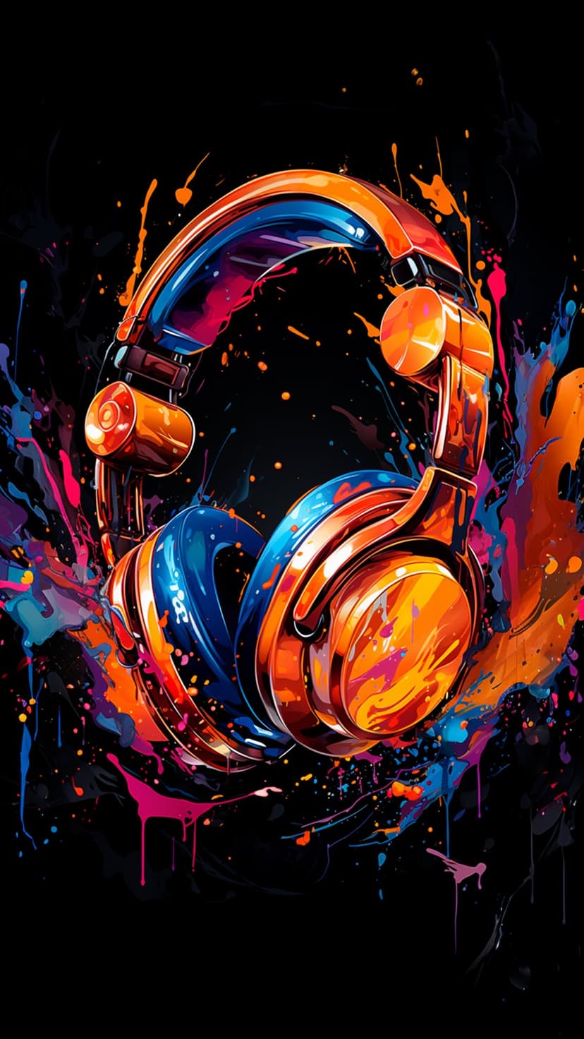 Headphones emitting blue and orange paint splashes against a black background with liquid splatter details.