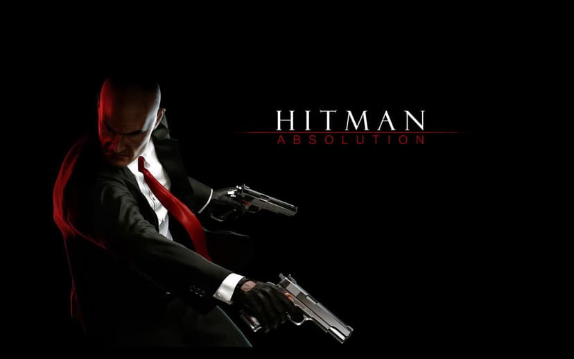 Agent 47 wearing a black suit and red tie, dual-wielding silver pistols against a dark black background.