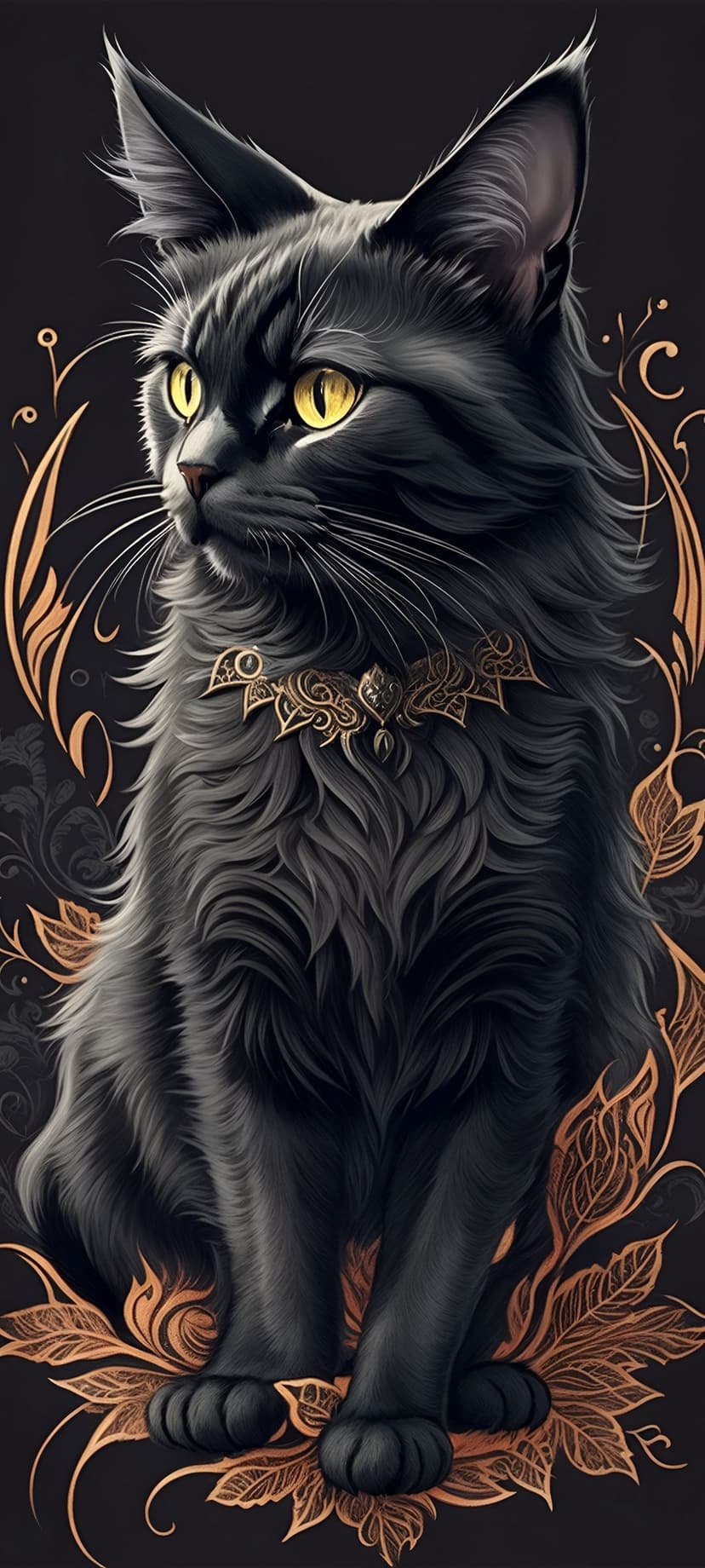 Black cat with yellow eyes wearing a heavy golden filigree collar amidst swirling gold floral patterns.