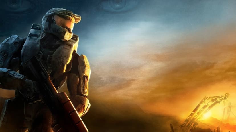 Spartan warrior in battle-worn armor holds a rifle against a dramatic blue and orange cinematic sunset landscape.